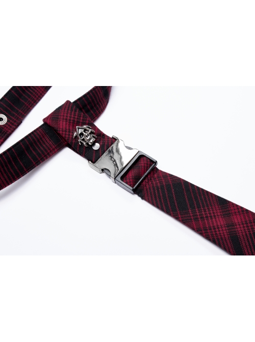 Metal Skull Decoration Red Plaid Punk Tie