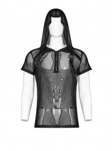 Metal Buckle Leather Strap Short Sleeve Black Punk Pattern Print Mesh Hooded T-Shirt