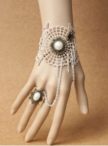 Fashion Golden Lace White Pearl Chain Exaggerated Retro Palace Style Band Ring Bracelet