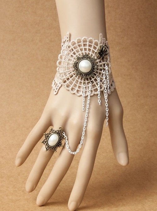 Fashion Golden Lace White Pearl Chain Exaggerated Retro Palace Style Band Ring Bracelet