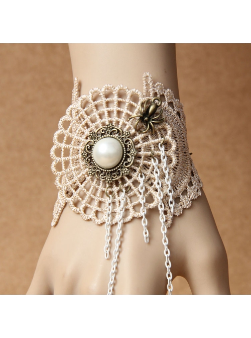 Fashion Golden Lace White Pearl Chain Exaggerated Retro Palace Style Band Ring Bracelet