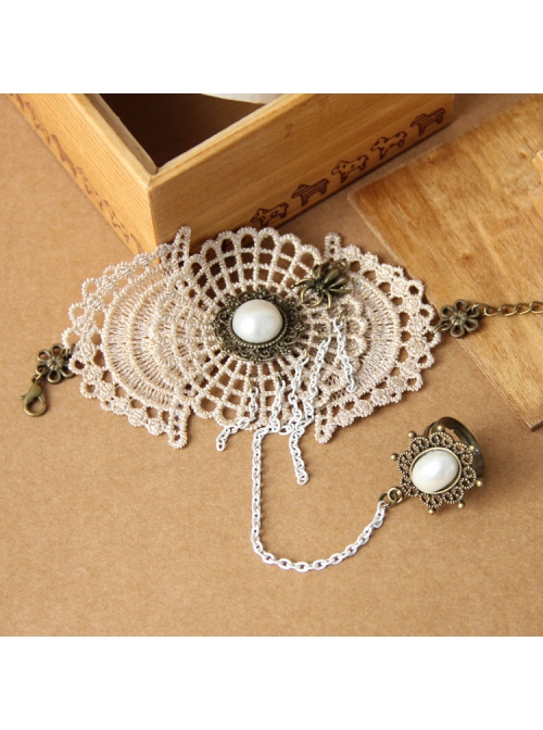 Fashion Golden Lace White Pearl Chain Exaggerated Retro Palace Style Band Ring Bracelet