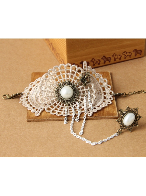 Fashion Golden Lace White Pearl Chain Exaggerated Retro Palace Style Band Ring Bracelet