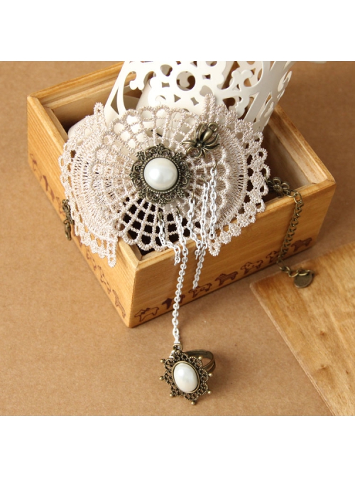 Fashion Golden Lace White Pearl Chain Exaggerated Retro Palace Style Band Ring Bracelet