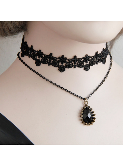 Gothic Retro Black Lace Flower Diamond All-match Fashion Female Double Short Necklace