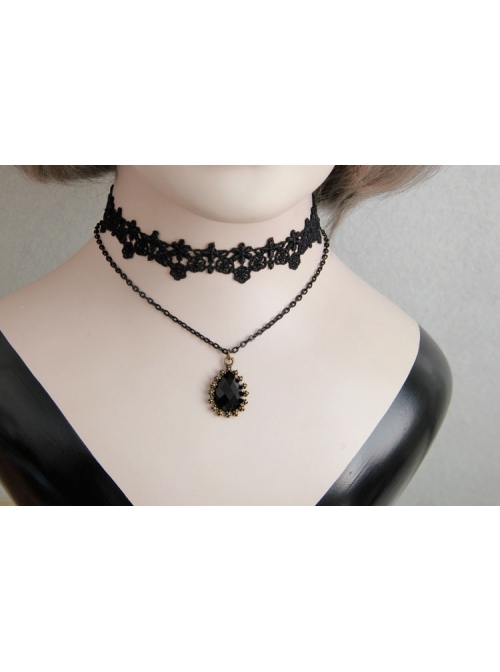 Gothic Retro Black Lace Flower Diamond All-match Fashion Female Double Short Necklace