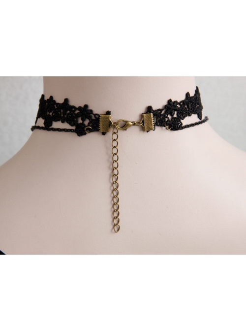Gothic Retro Black Lace Flower Diamond All-match Fashion Female Double Short Necklace
