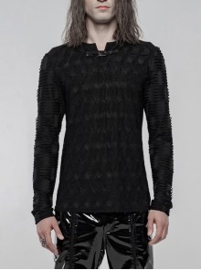 Metal Buckle Collar Long Sleeve Broken Holes Black Punk Dark Texture T-Shirt