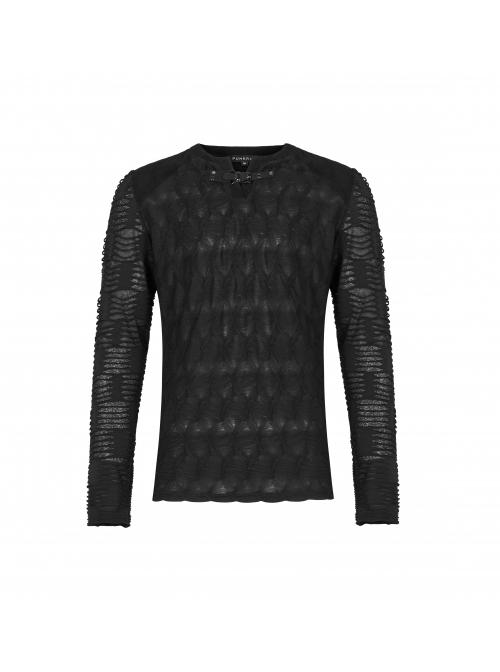 Metal Buckle Collar Long Sleeve Broken Holes Black Punk Dark Texture T-Shirt