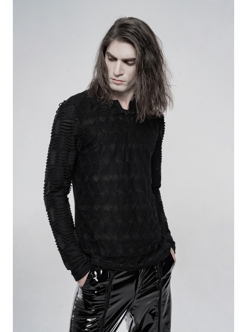 Metal Buckle Collar Long Sleeve Broken Holes Black Punk Dark Texture T-Shirt