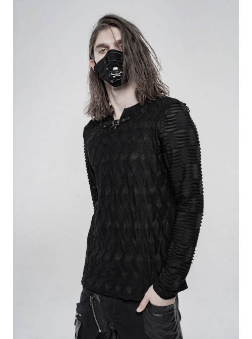 Metal Buckle Collar Long Sleeve Broken Holes Black Punk Dark Texture T-Shirt