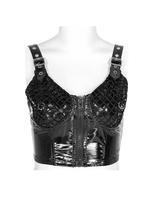 Metal Buckle Shoulder Strap Splice Mesh Black Punk Press Glue Knit Vest
