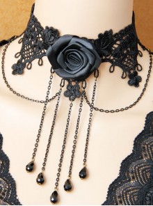 Gothic Punk Fashion Lolita Retro Black Lace Rose Flower Tassel Choker