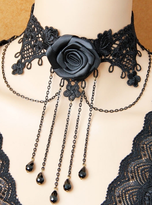 Gothic Punk Fashion Lolita Retro Black Lace Rose Flower Tassel Choker
