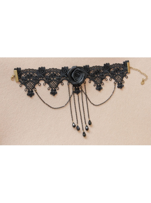 Gothic Punk Fashion Lolita Retro Black Lace Rose Flower Tassel Choker