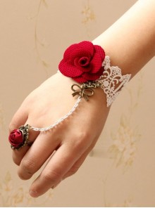Palace Baroque Bow Red Rose Flower White Lace Vampire Gothic Retro Bracelet With Ring One Chain
