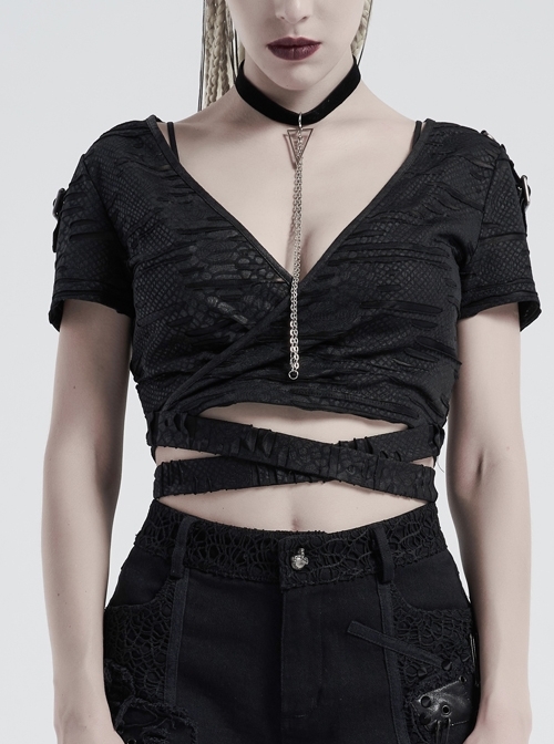 V-Neck Short Sleeve Back Waist Bandage Black Punk Broken Holes Knit Shoer T-Shirt