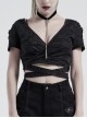 V-Neck Short Sleeve Back Waist Bandage Black Punk Broken Holes Knit Shoer T-Shirt