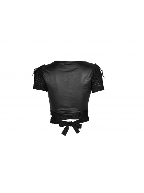 V-Neck Short Sleeve Back Waist Bandage Black Punk Broken Holes Knit Shoer T-Shirt