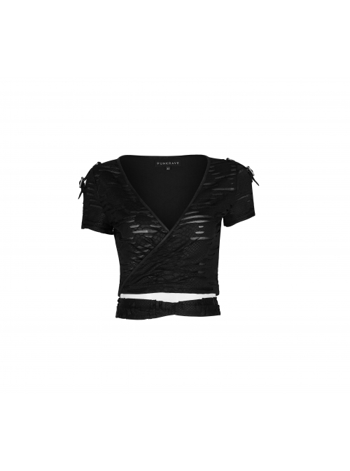 V-Neck Short Sleeve Back Waist Bandage Black Punk Broken Holes Knit Shoer T-Shirt