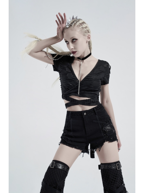 V-Neck Short Sleeve Back Waist Bandage Black Punk Broken Holes Knit Shoer T-Shirt