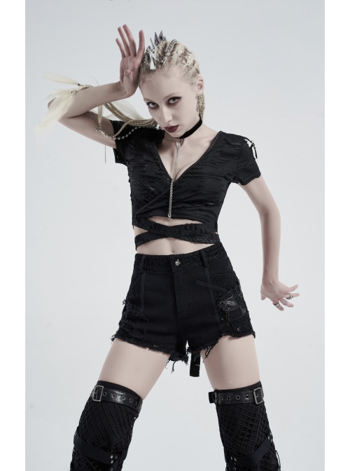 V-Neck Short Sleeve Back Waist Bandage Black Punk Broken Holes Knit Shoer T-Shirt