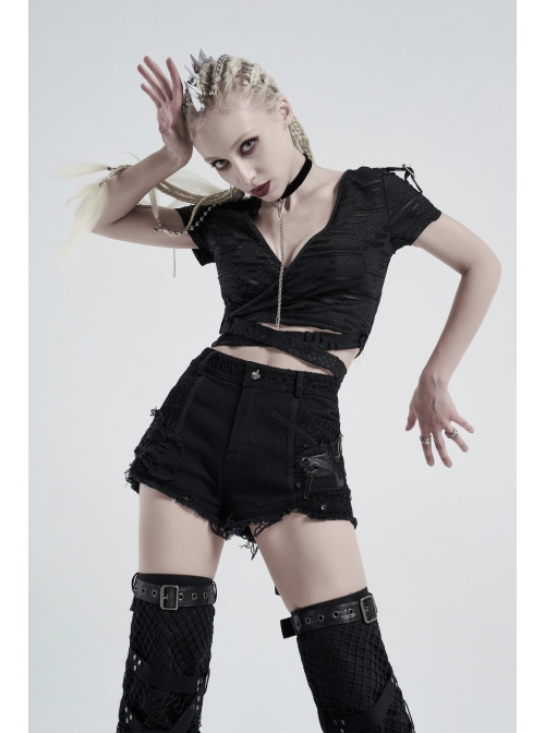 V-Neck Short Sleeve Back Waist Bandage Black Punk Broken Holes Knit Shoer T-Shirt