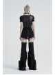 V-Neck Short Sleeve Back Waist Bandage Black Punk Broken Holes Knit Shoer T-Shirt