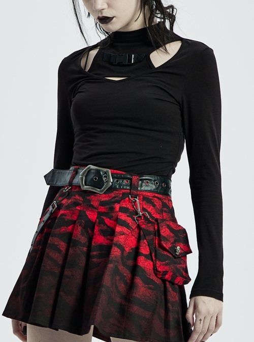 High Collar Front Chest Hollow-Out Long Sleeve Black Punk Knit T-Shirt