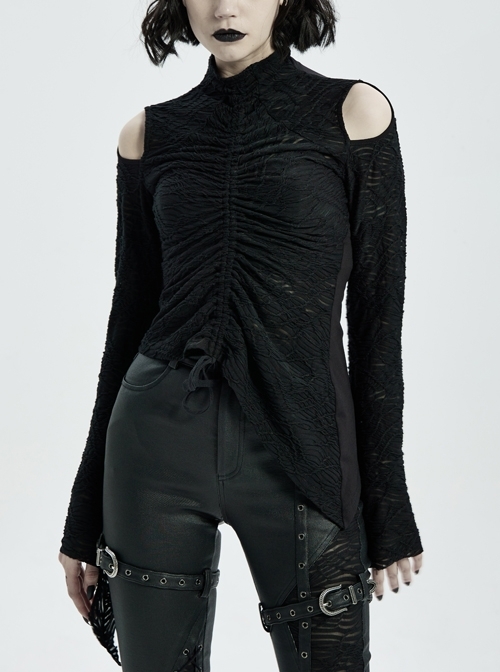 High Collar Shoulder Hollow-Out Front Lace-Up Flare Sleeve Black Gothic Knit T-Shirt