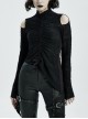 High Collar Shoulder Hollow-Out Front Lace-Up Flare Sleeve Black Gothic Knit T-Shirt