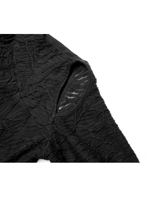 High Collar Shoulder Hollow-Out Front Lace-Up Flare Sleeve Black Gothic Knit T-Shirt