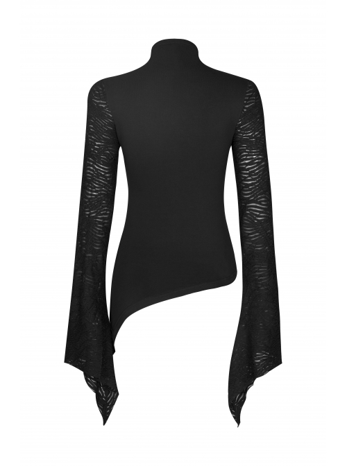 High Collar Shoulder Hollow-Out Front Lace-Up Flare Sleeve Black Gothic Knit T-Shirt