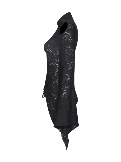High Collar Shoulder Hollow-Out Front Lace-Up Flare Sleeve Black Gothic Knit T-Shirt