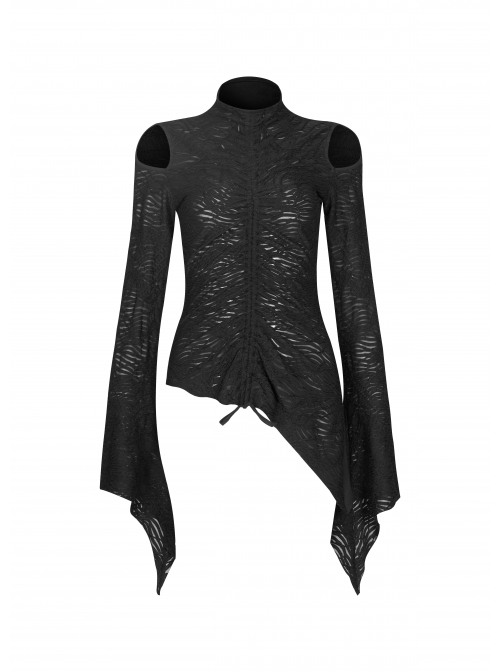 High Collar Shoulder Hollow-Out Front Lace-Up Flare Sleeve Black Gothic Knit T-Shirt