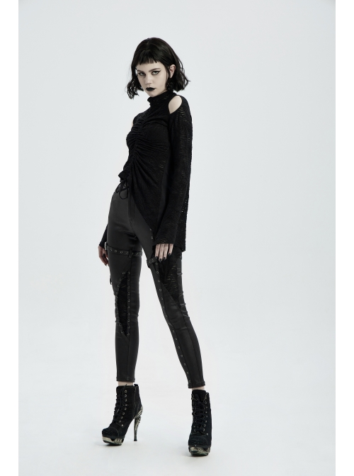 High Collar Shoulder Hollow-Out Front Lace-Up Flare Sleeve Black Gothic Knit T-Shirt