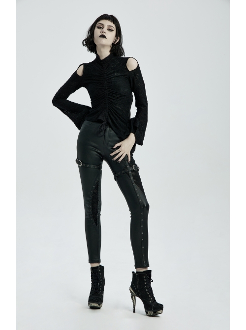 High Collar Shoulder Hollow-Out Front Lace-Up Flare Sleeve Black Gothic Knit T-Shirt