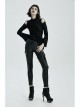 High Collar Shoulder Hollow-Out Front Lace-Up Flare Sleeve Black Gothic Knit T-Shirt