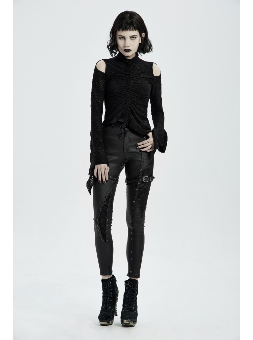 High Collar Shoulder Hollow-Out Front Lace-Up Flare Sleeve Black Gothic Knit T-Shirt