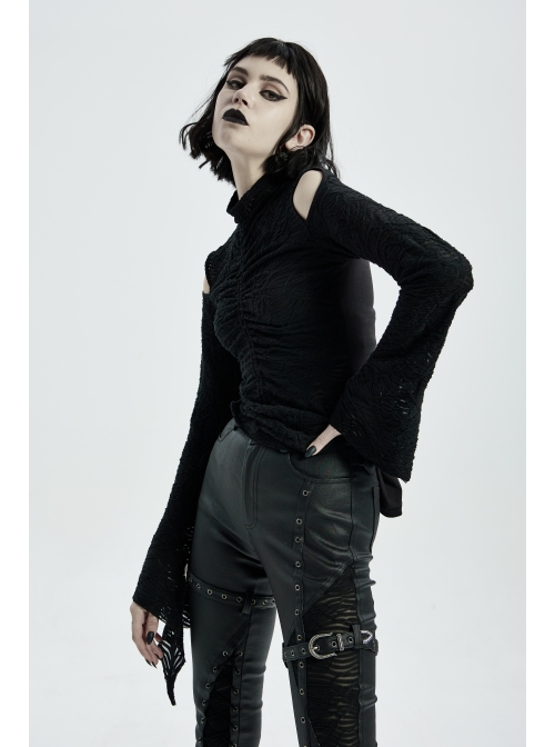 High Collar Shoulder Hollow-Out Front Lace-Up Flare Sleeve Black Gothic Knit T-Shirt