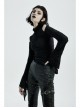 High Collar Shoulder Hollow-Out Front Lace-Up Flare Sleeve Black Gothic Knit T-Shirt