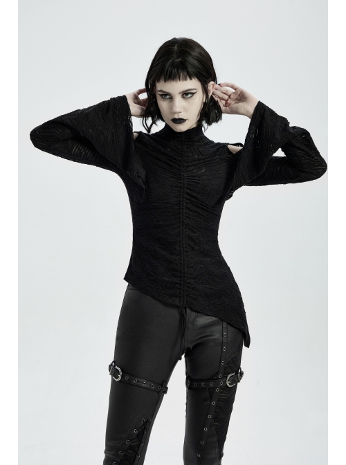 High Collar Shoulder Hollow-Out Front Lace-Up Flare Sleeve Black Gothic Knit T-Shirt