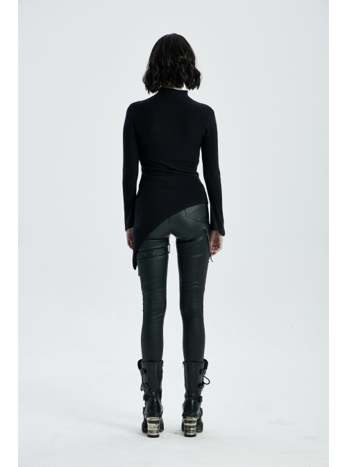 High Collar Shoulder Hollow-Out Front Lace-Up Flare Sleeve Black Gothic Knit T-Shirt