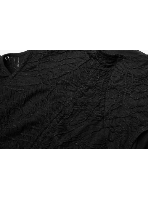 High Collar Shoulder Hollow-Out Front Lace-Up Flare Sleeve Black Gothic Knit T-Shirt