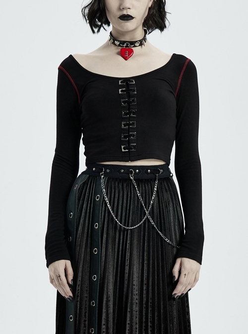 Round Collar Front Metal Square Eyelets Decoration Long Sleeve Black Punk Short Tight T-Shirt