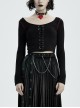 Round Collar Front Metal Square Eyelets Decoration Long Sleeve Black Punk Short Tight T-Shirt