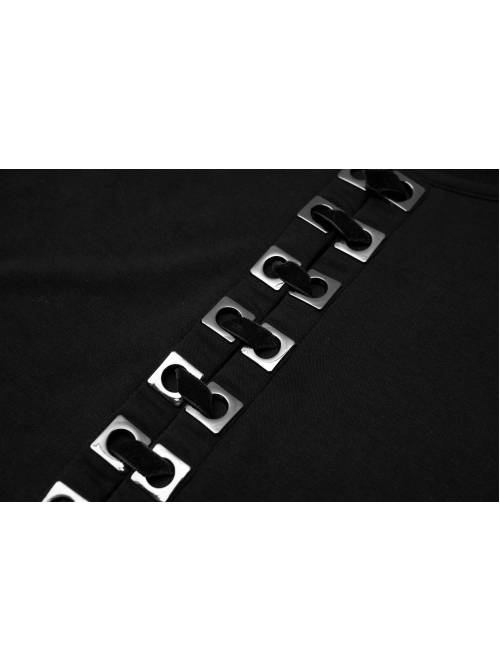 Round Collar Front Metal Square Eyelets Decoration Long Sleeve Black Punk Short Tight T-Shirt
