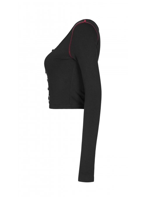 Round Collar Front Metal Square Eyelets Decoration Long Sleeve Black Punk Short Tight T-Shirt