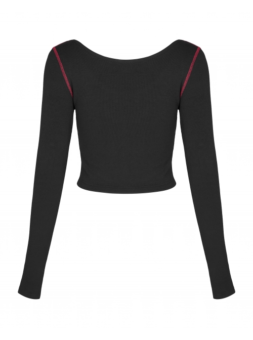 Round Collar Front Metal Square Eyelets Decoration Long Sleeve Black Punk Short Tight T-Shirt