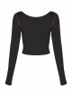 Round Collar Front Metal Square Eyelets Decoration Long Sleeve Black Punk Short Tight T-Shirt